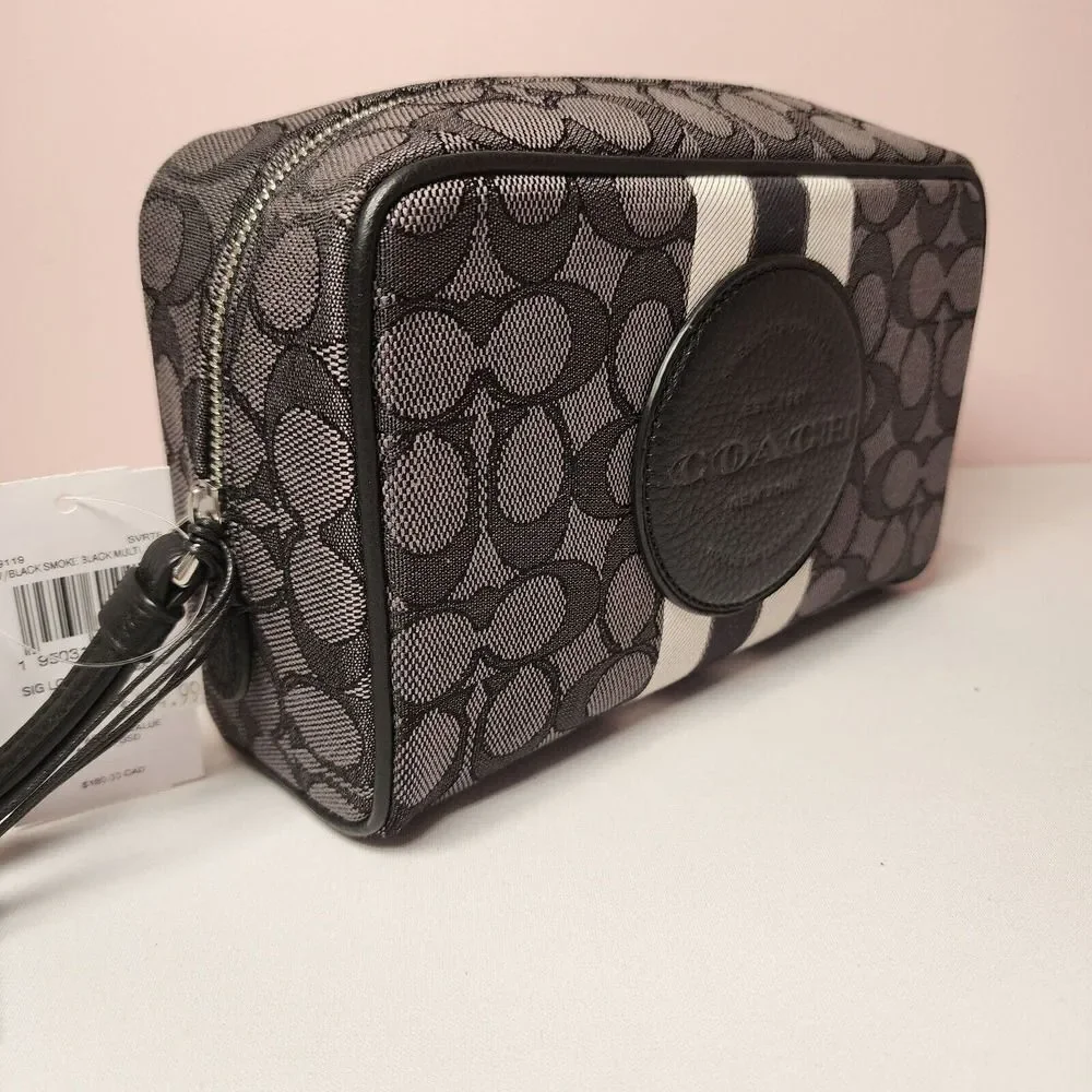 Coach Black and Gray Signature Stripe Cosmetic Case